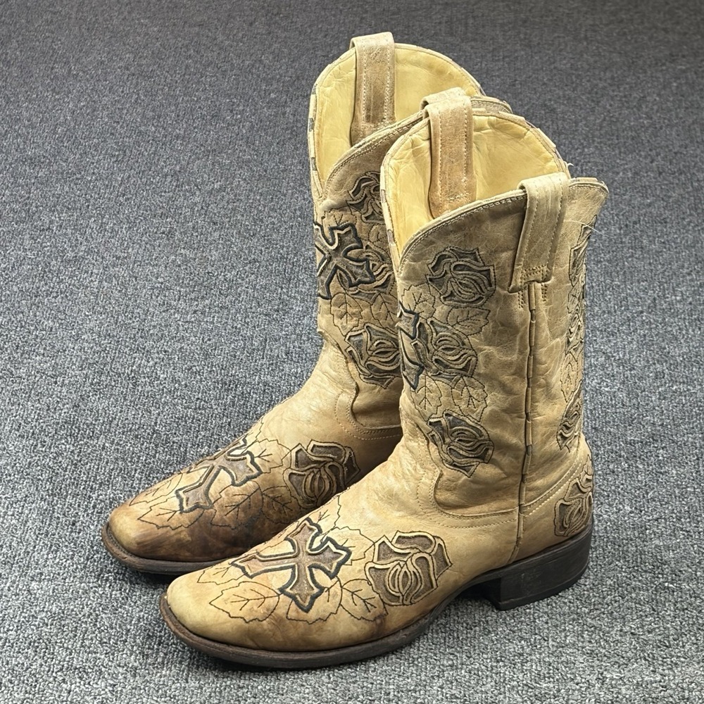 Corral R2375 Boots Womens 10 M Antique Saddle Tan Cross Rose Square Toe Western
